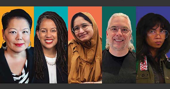 Graphic of five people on multi-colored bright backgrounds.