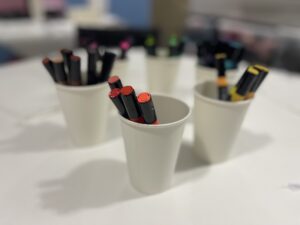 Art supplies arranged on a table