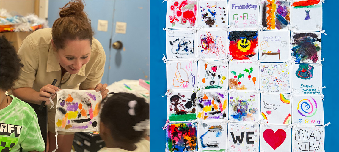 Left: Photo of a smiling woman with auburn hair showing two kids a square of brightly painted fabric. Right: 25 quilt squares, hand-painted by kids, tied together at the corners on a blue background.