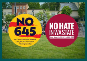 A graphic with two circular campaign logos superimposed over a photos of children on a playground infront of an apartment building. One reads, "NO 645, No Cuts to Education & Health Care, No tax Increases on Working Families." The other "NO HATE IN WA STATE, Vote No on IL26-001 & IL26-638"